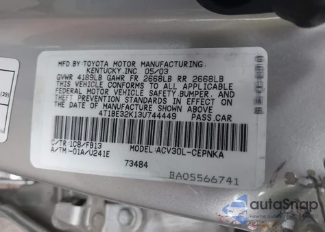 2003 Toyota Camry Le from USA, damaged, VIN 4T1BE32K13U744449